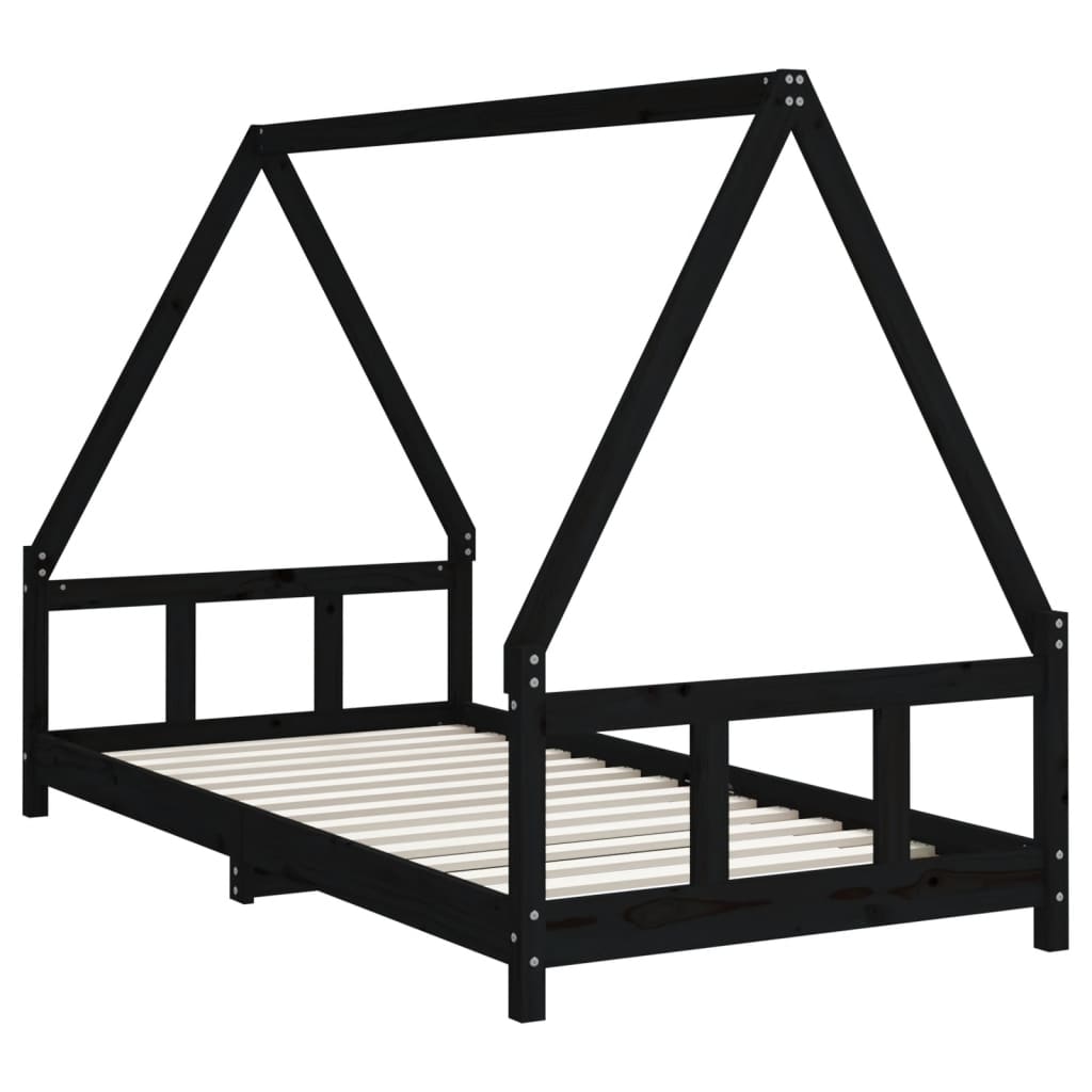 Kids black wooden house bed frame made of pine, offering a charming and sturdy design.