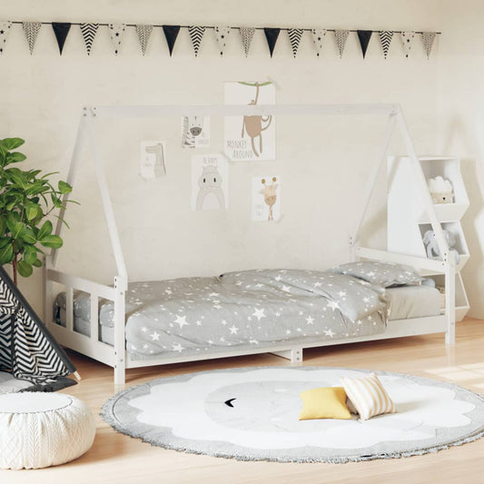 White house-shaped pine wood kids bed frame, whimsical design for imaginative play and sleep.