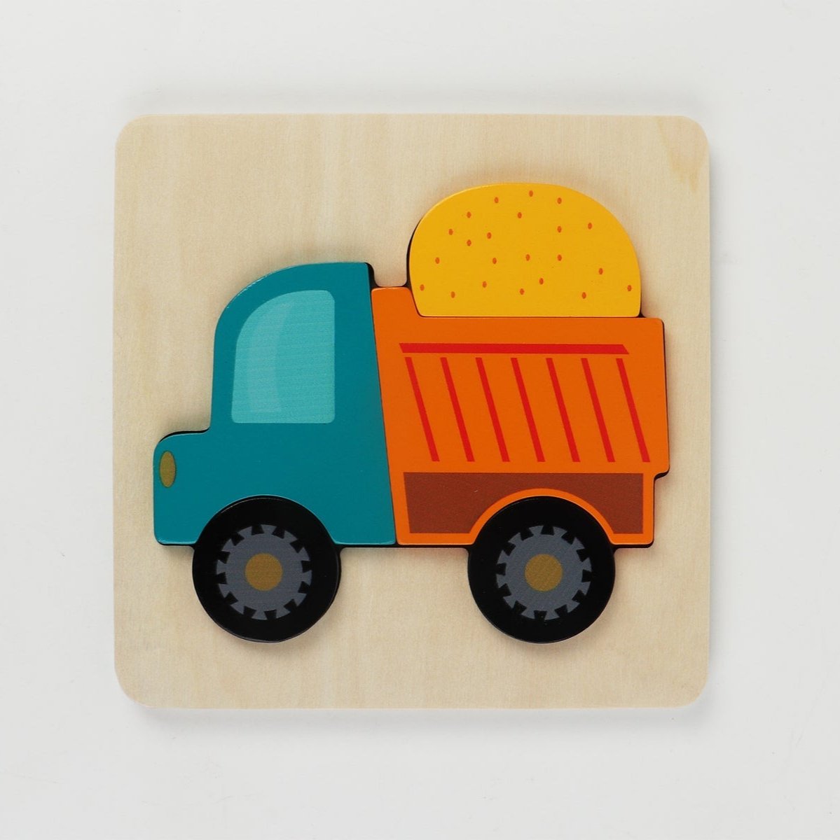 Colorful dump truck chunky puzzle for kids, great for developing fine motor skills at home.