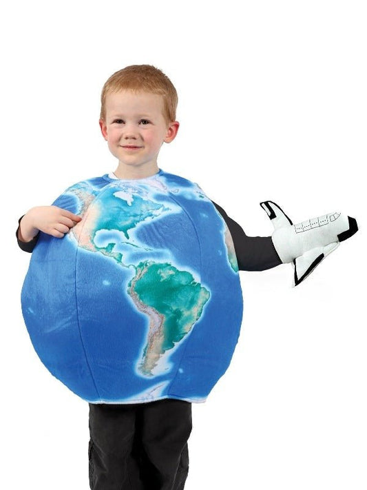 Kids Earth globe costume with plane puppet for imaginative play and educational fun.