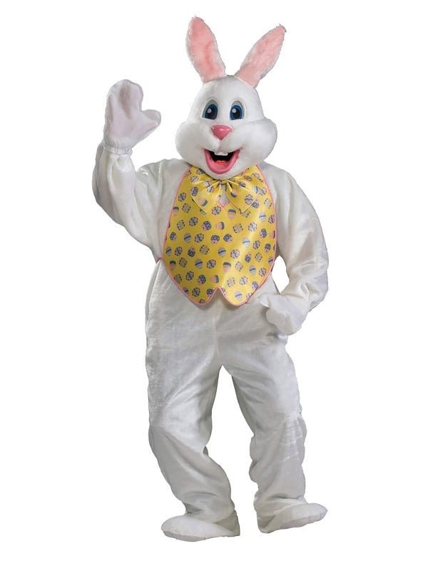 Deluxe Easter Bunny mascot costume with egg print vest, perfect for childrens home parties.