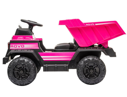 Pink electric ride-on toy dump truck for kids, perfect for imaginative outdoor play.