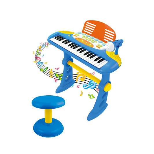 Child-sized electronic keyboard with adjustable stand for musical learning and fun at home.