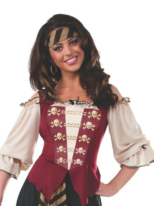 Womens elegant pirate costume with dress and headscarf, perfect for imaginative play at home.