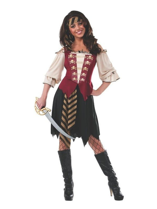 Womens elegant pirate costume with dress and headscarf for kids dress-up play at home.