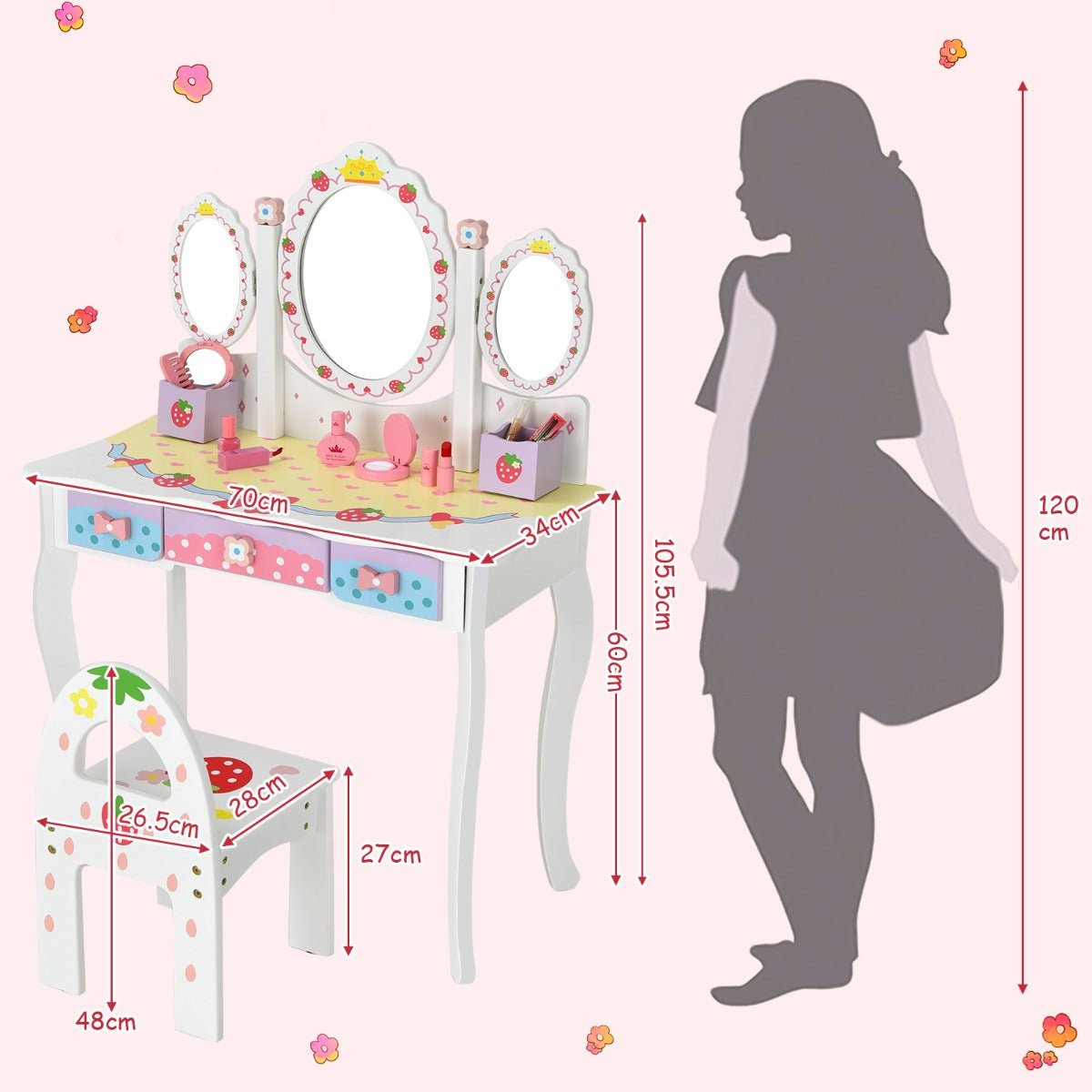 Vanity Table and Chair Set for Little Princess - 360° Rotating Mirror, White