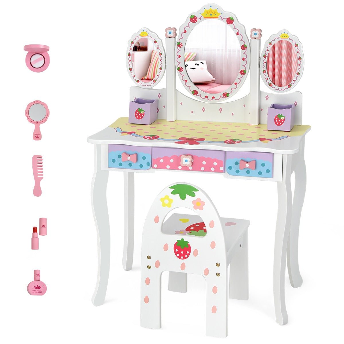 Princess Vanity Table Set with 360° Rotating Mirror for Kids - White Elegance