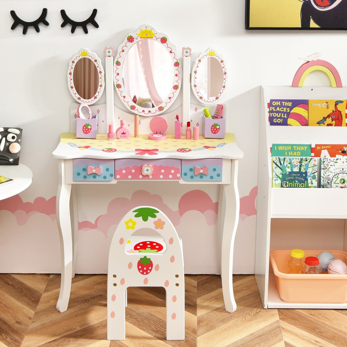 Kids Vanity and Chair Set with 360° Rotating Mirror - Princess White Charm