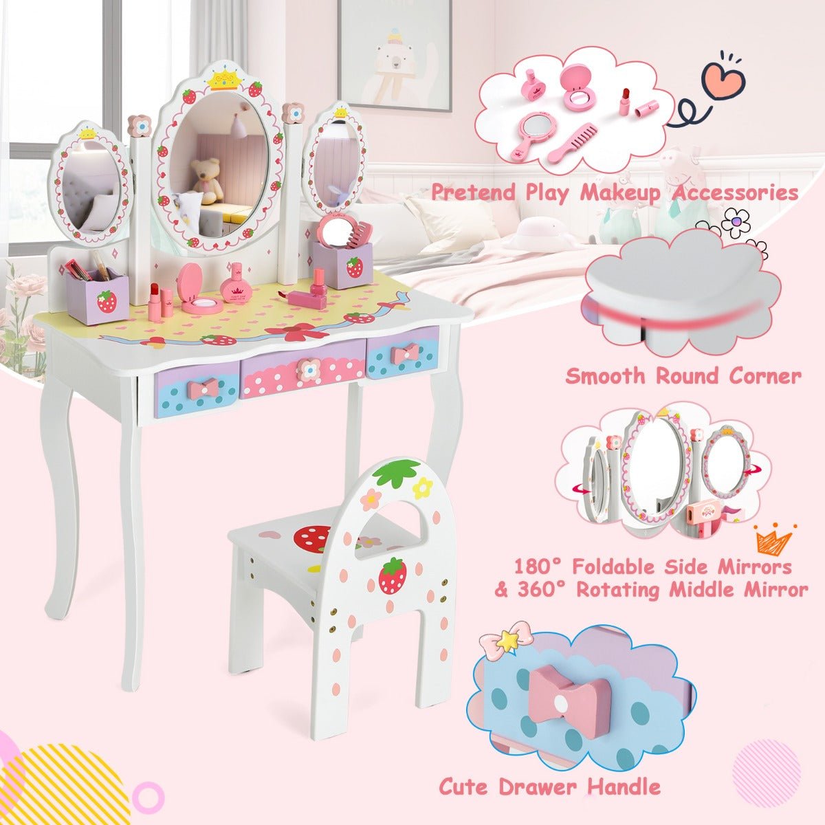 Children's Vanity Table and Chair Set - 360° Rotating Mirror, White Charm