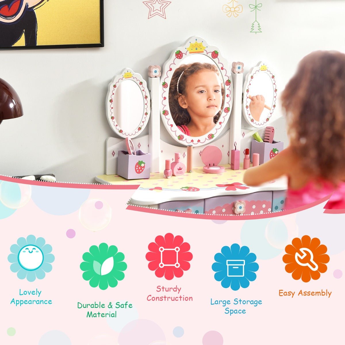 Kids Vanity and 360° Rotating Mirror Set - Princess White Elegance