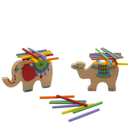 Colorful animal stacking game for kids with elephant and camel figurines, engaging play at home.