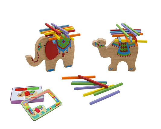 Colorful wooden stacking game for kids featuring elephant and camel figures. Encourages creativity and motor skills.