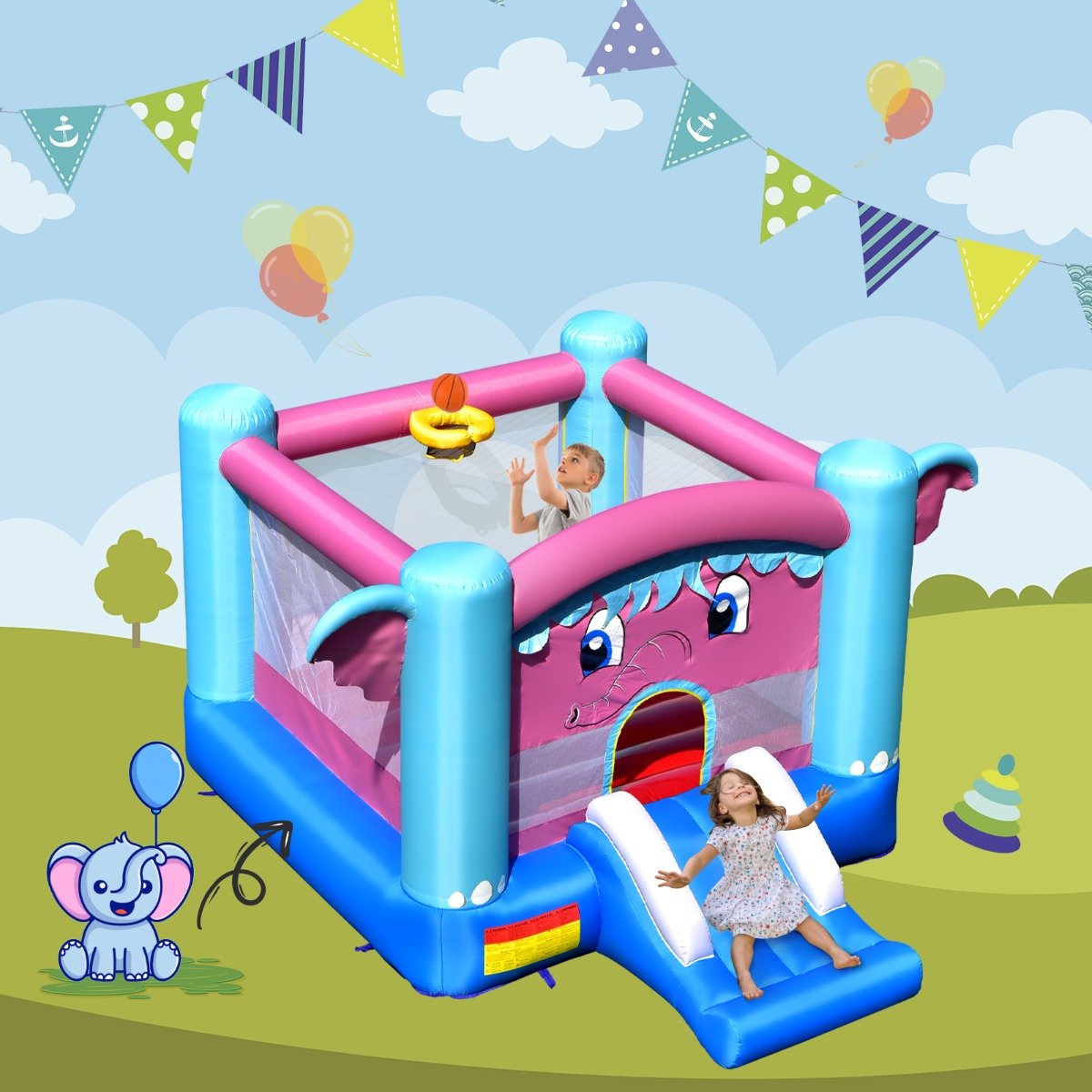 3-in-1 Inflatable Castle with Elephant Theme - Active Playtime Adventure
