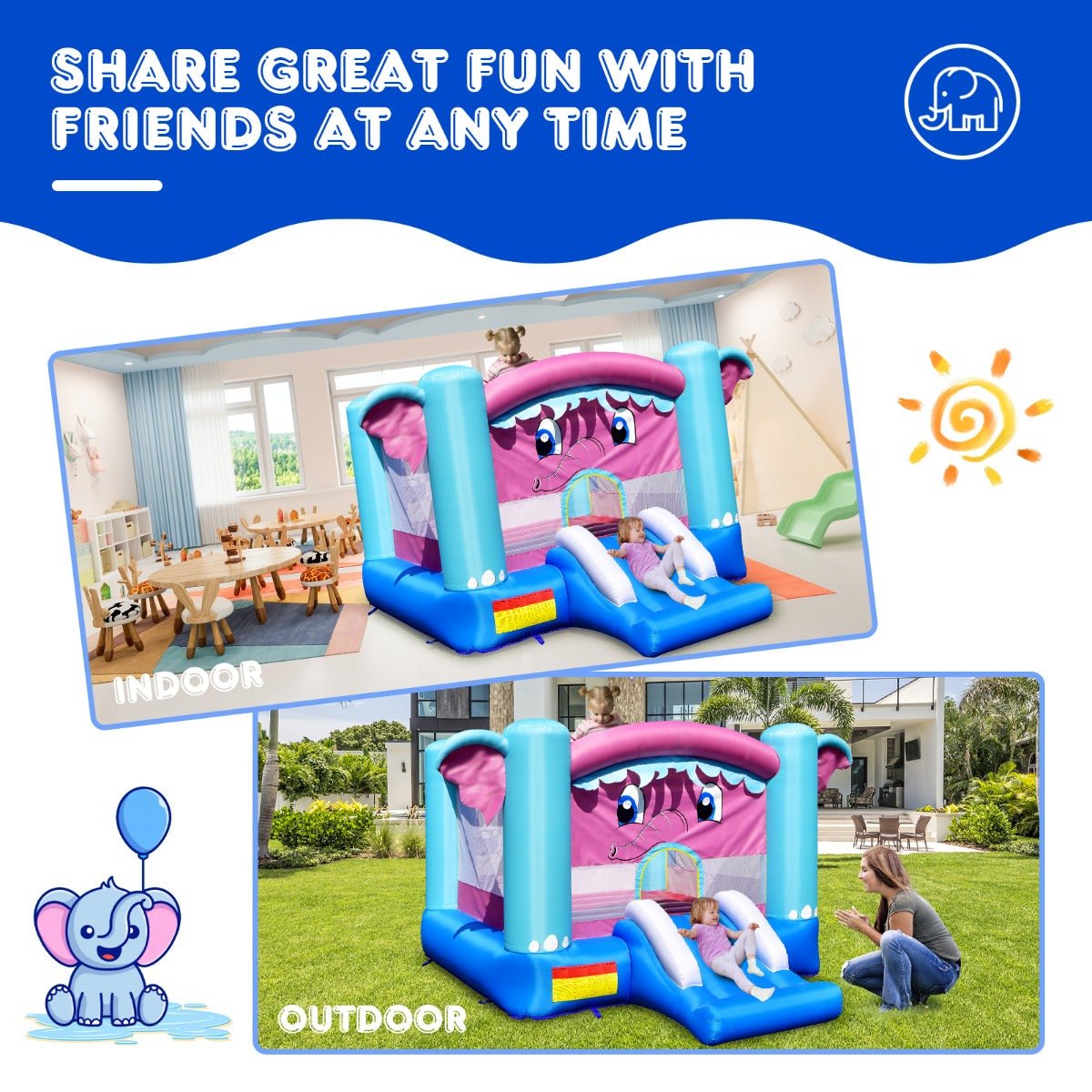 Elephant Theme Inflatable Castle - 3-in-1 Playful Jumping Area