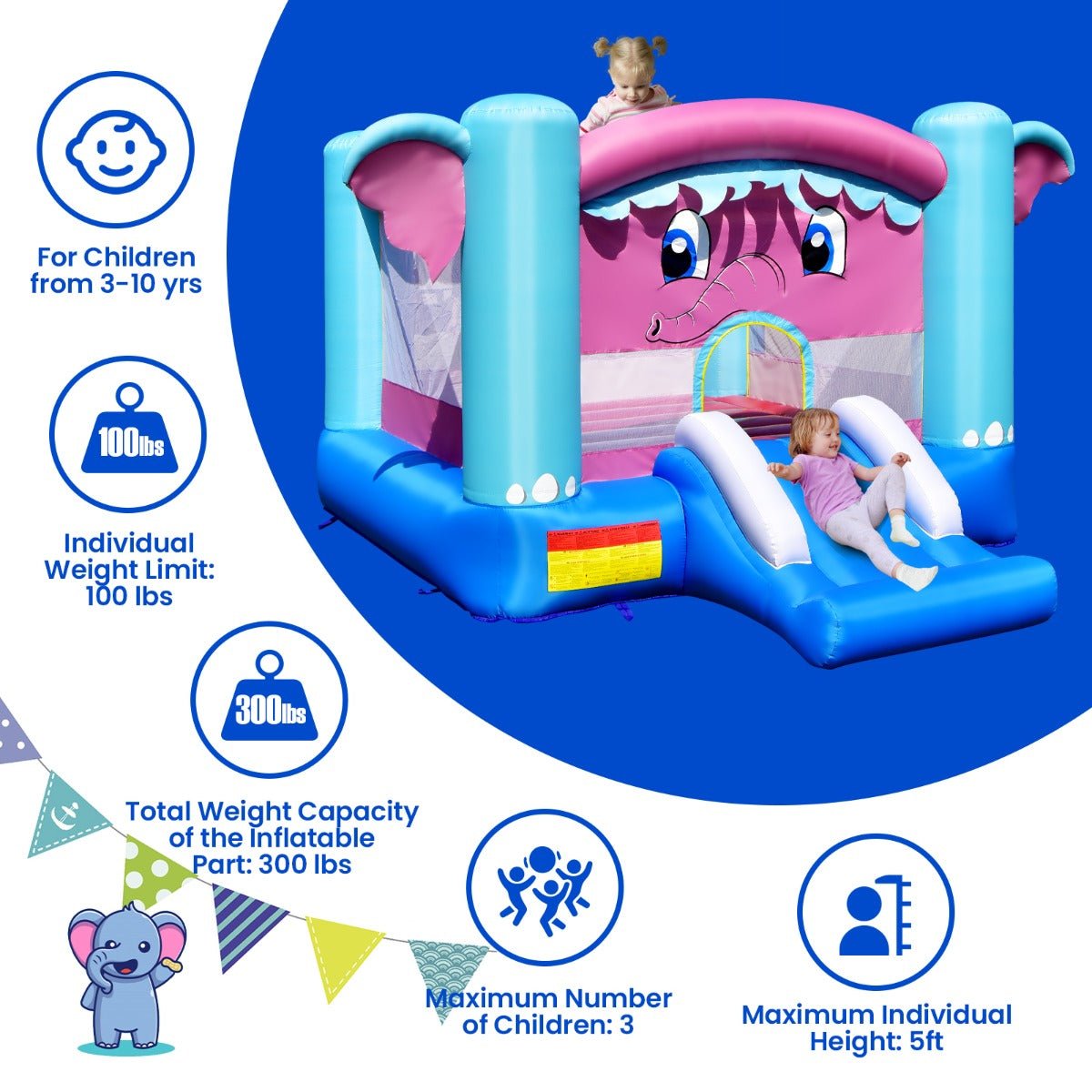 3-in-1 Inflatable Castle with Elephant Theme - Energetic Play for Kids