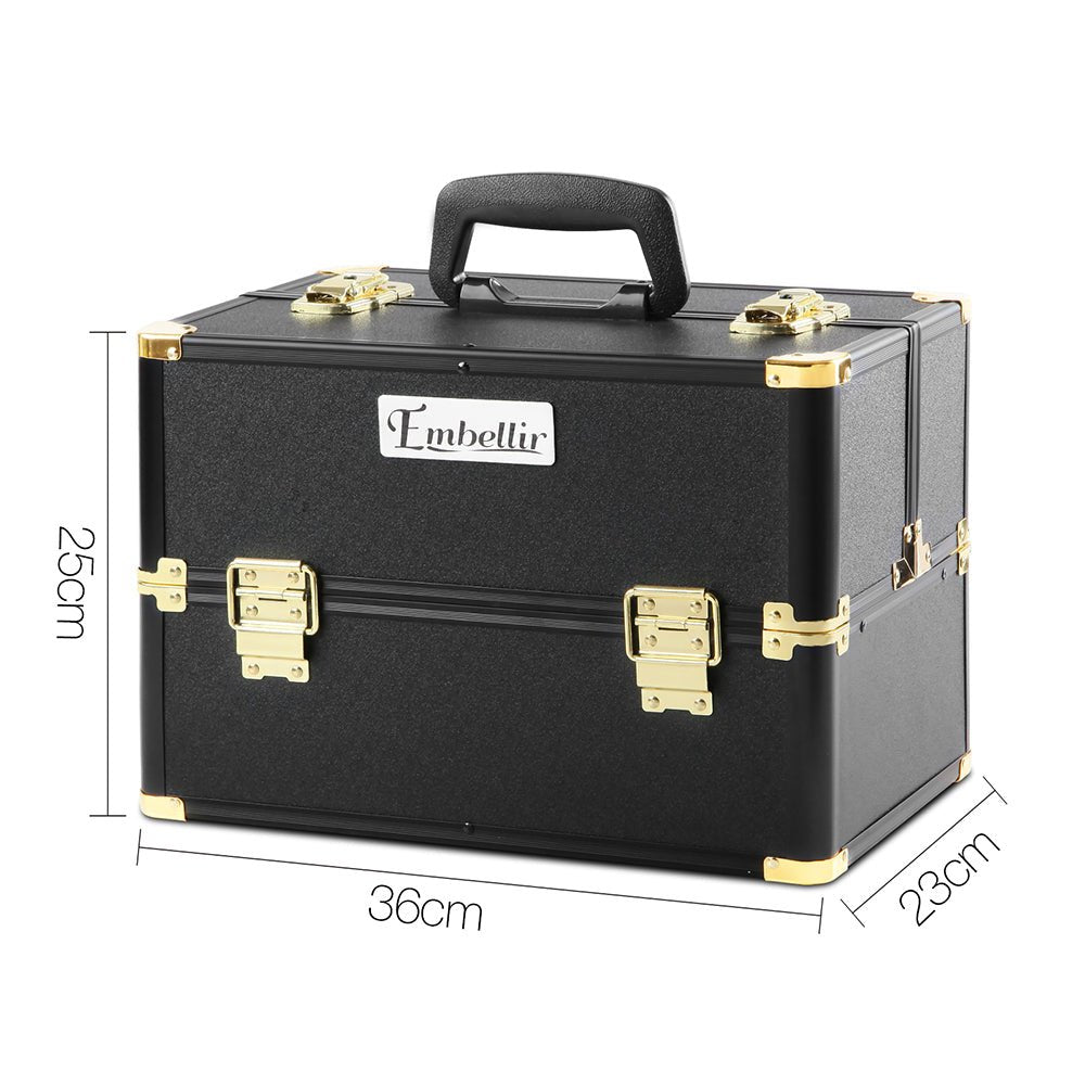 Stay organized on the go with our black and gold beauty makeup case.