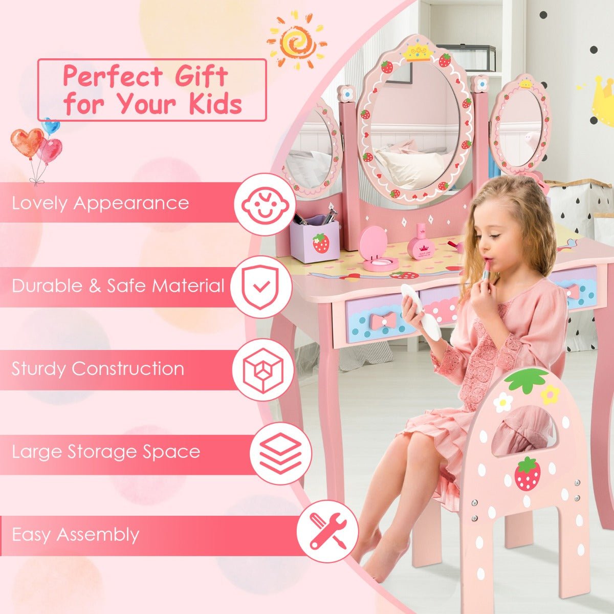 1Vanity Table Set with 360° Rotating Mirror for Children - Pink Princess Glamour