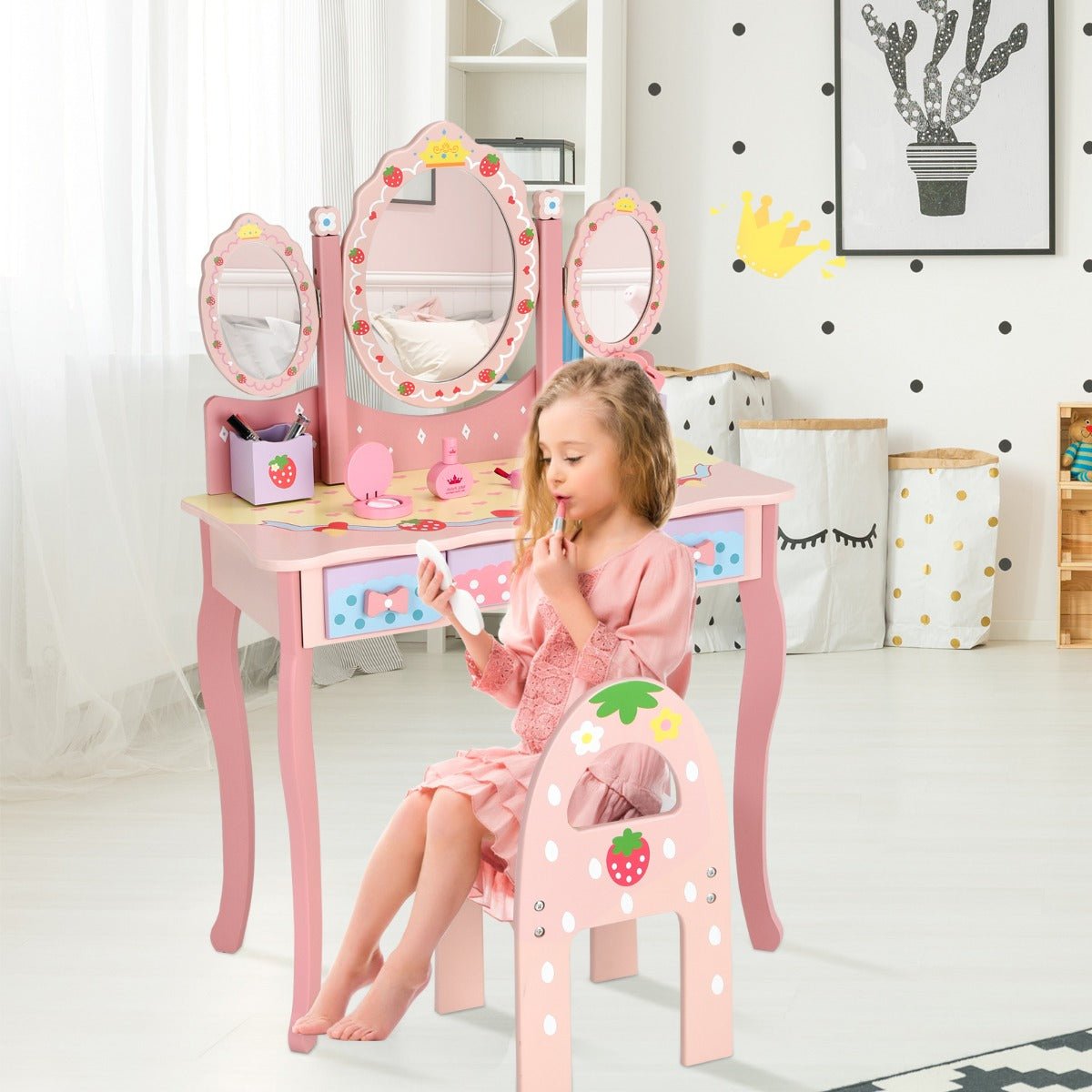 Kids Vanity and Chair Set with 360° Rotating Mirror - Princess Pink Elegance