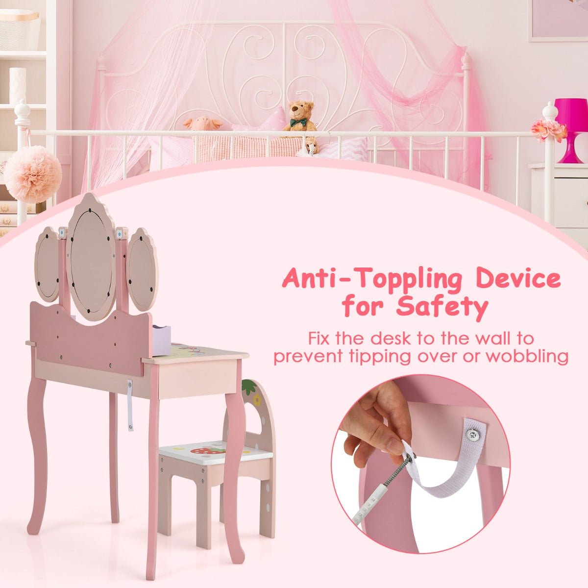 Kids Princess Vanity and Mirror Set - 360° Rotating Mirror, Pink Glamour