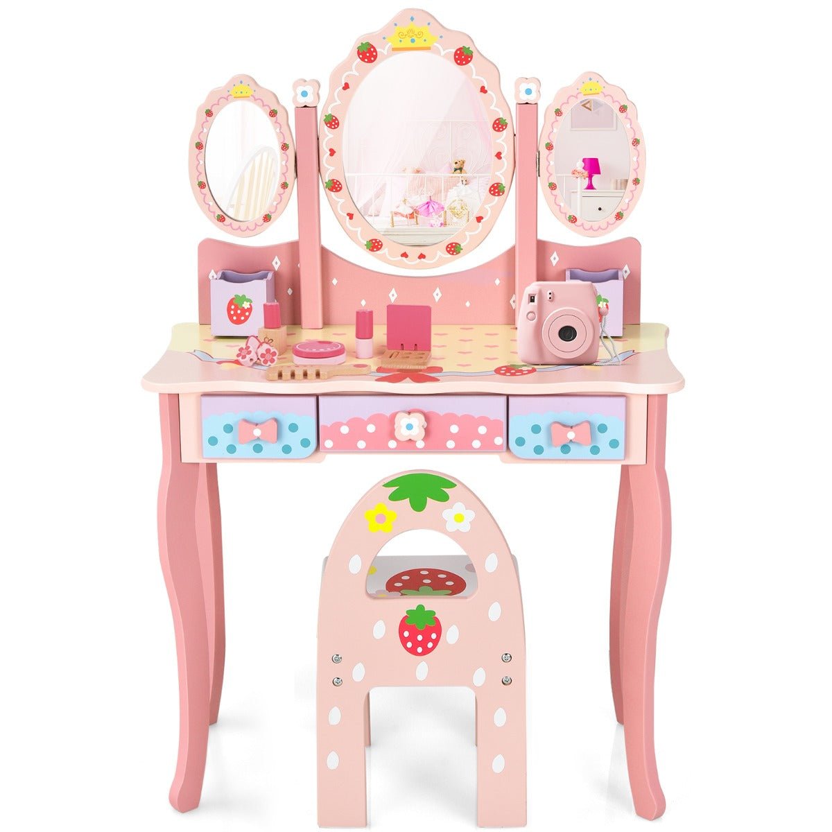 Princess Vanity Table Set with 360° Rotating Mirror for Kids - Pink Glamour