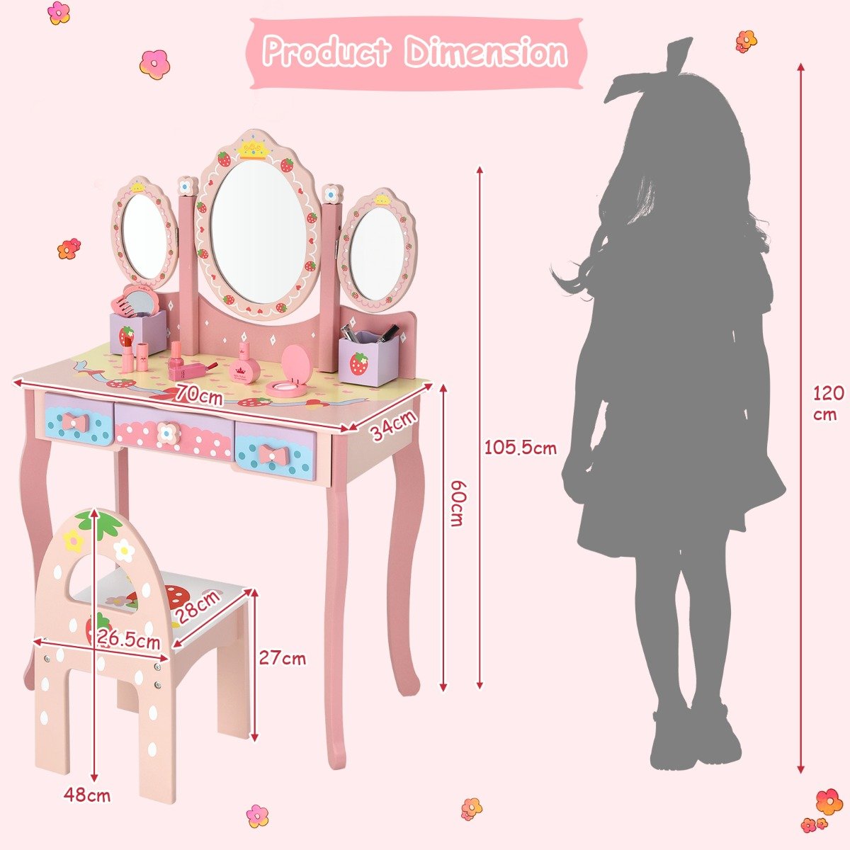 Children's Vanity Set with 360° Rotating Mirror - Princess Pink Glamour