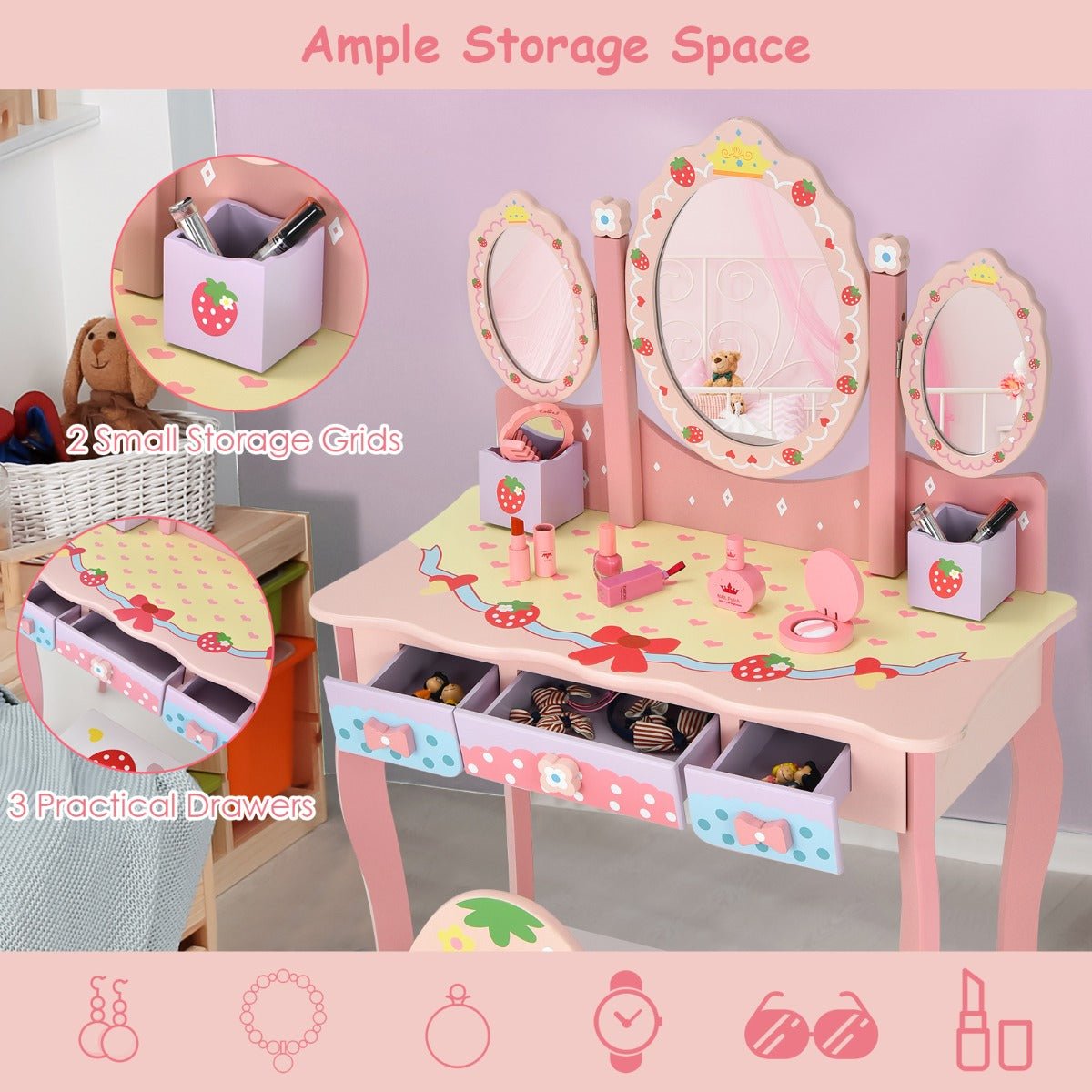 Vanity Table and Chair Set for Little Princess - 360° Rotating Mirror, Pink
