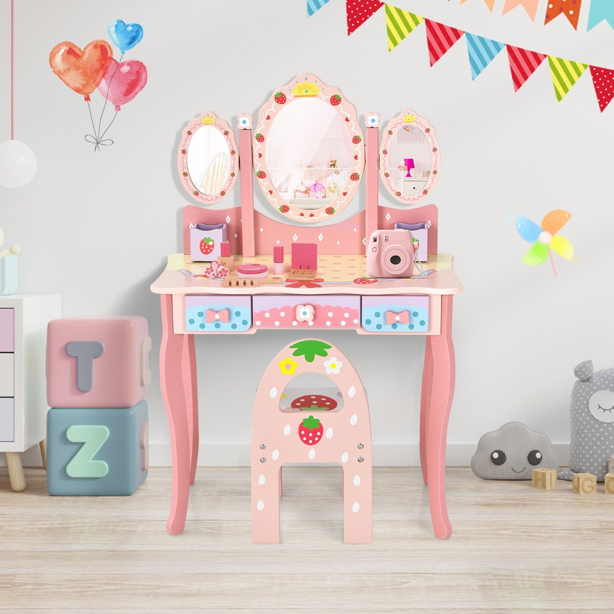 Kids Princess Vanity Set with 360° Rotating Mirror - Pink Elegance