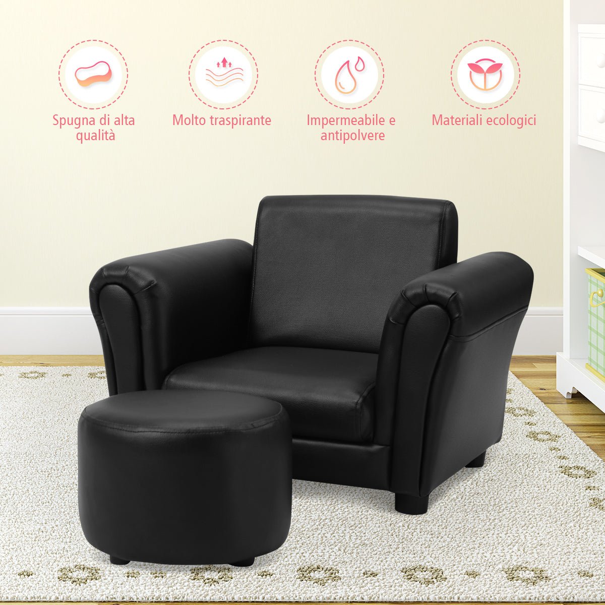 Children's Ergonomic Sofa and Footstool - Cozy Black Seating Solution