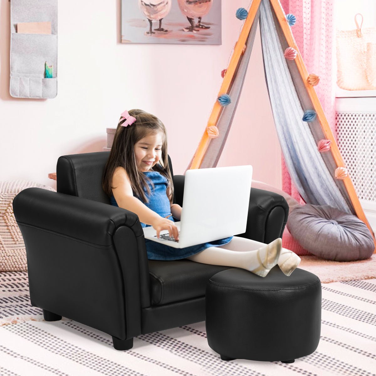 Ergonomic Black Sofa with Footstool - Comfortable Seating for Babies and Children