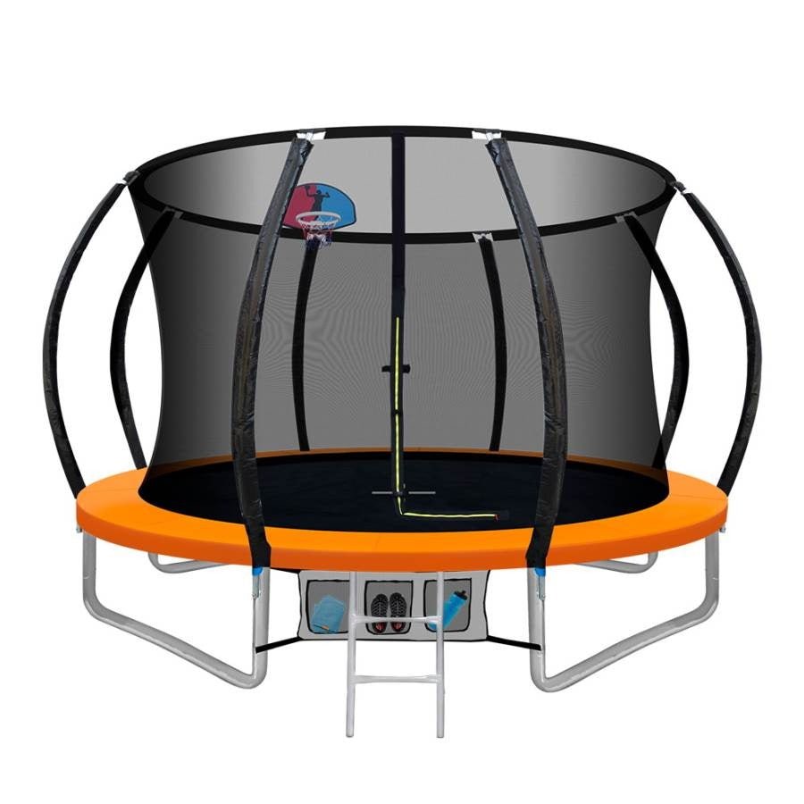 10FT orange trampoline with basketball hoop, perfect for active play and outdoor fun.