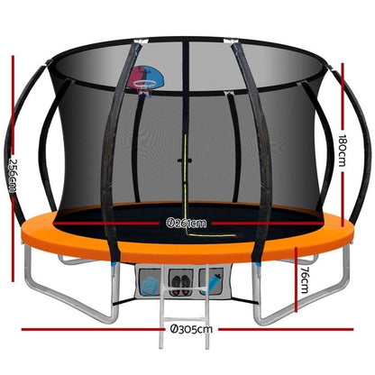 Orange 10FT trampoline with basketball hoop for active play and fun outdoor exercise.