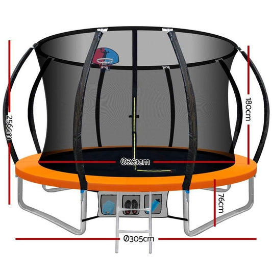 Orange 10FT trampoline with basketball hoop for active play and fun outdoor exercise.