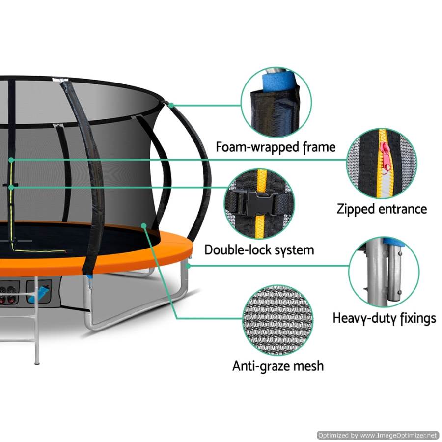 12 ft trampoline with basketball hoop in vibrant orange for interactive kids play.