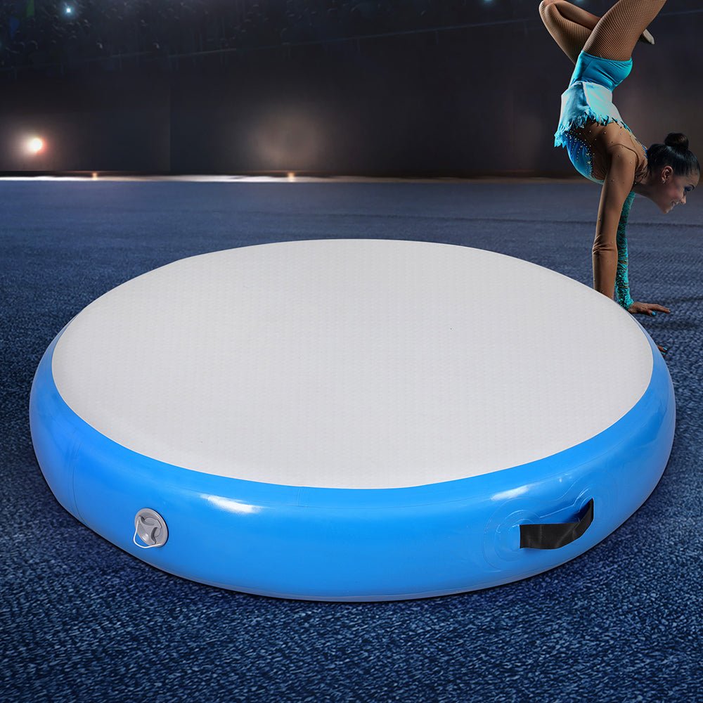 Inflatable 1m air track mat for kids home gymnastics, round blue design.