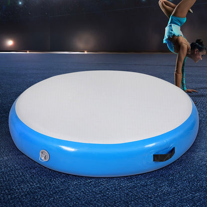 Inflatable 1m air track mat for kids home gymnastics, round blue design.
