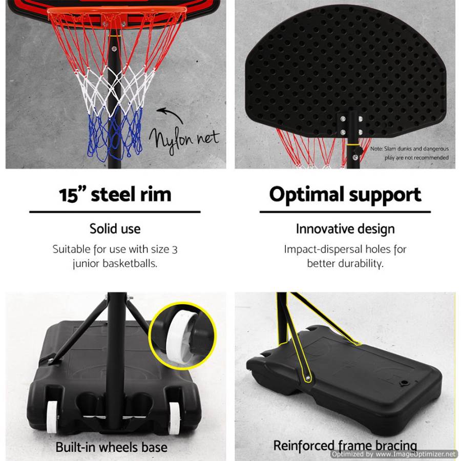 Adjustable black basketball hoop for childrens home play, Everfit 2.1M design for height flexibility.