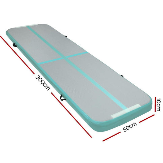 3m x 1m mint green and grey air track mat for gymnastics, perfect for childrens home practice.