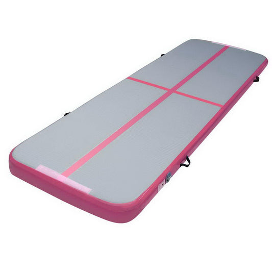 Pink and grey 3m x 1m air track mat for kids gymnastics at home.