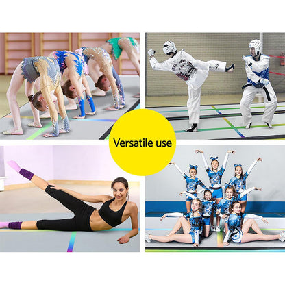 Inflatable air track gymnastics mat for kids tumbling exercises, includes pump for easy setup.