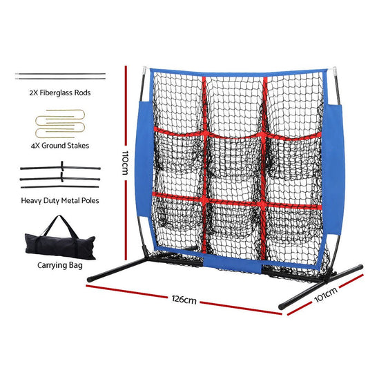 Childrens 9-pocket pitching net for baseball, football, and softball practice at home.