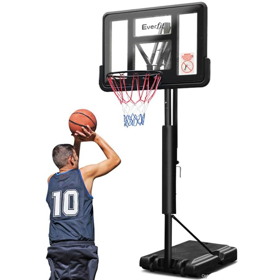 Adjustable black Everfit basketball hoop for kids, height 3.05M, ideal for home play.