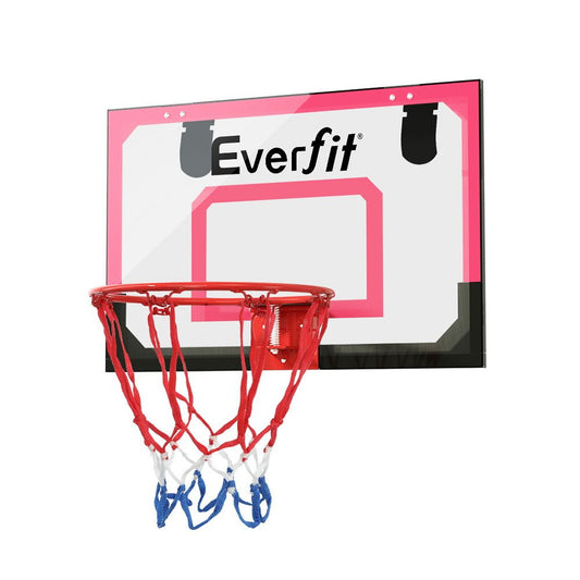 Red mini basketball hoop for kids, wall-mounted for indoor play at home.