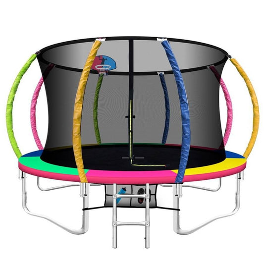 12ft multi-coloured trampoline with basketball hoop for kids active play and fun at home.