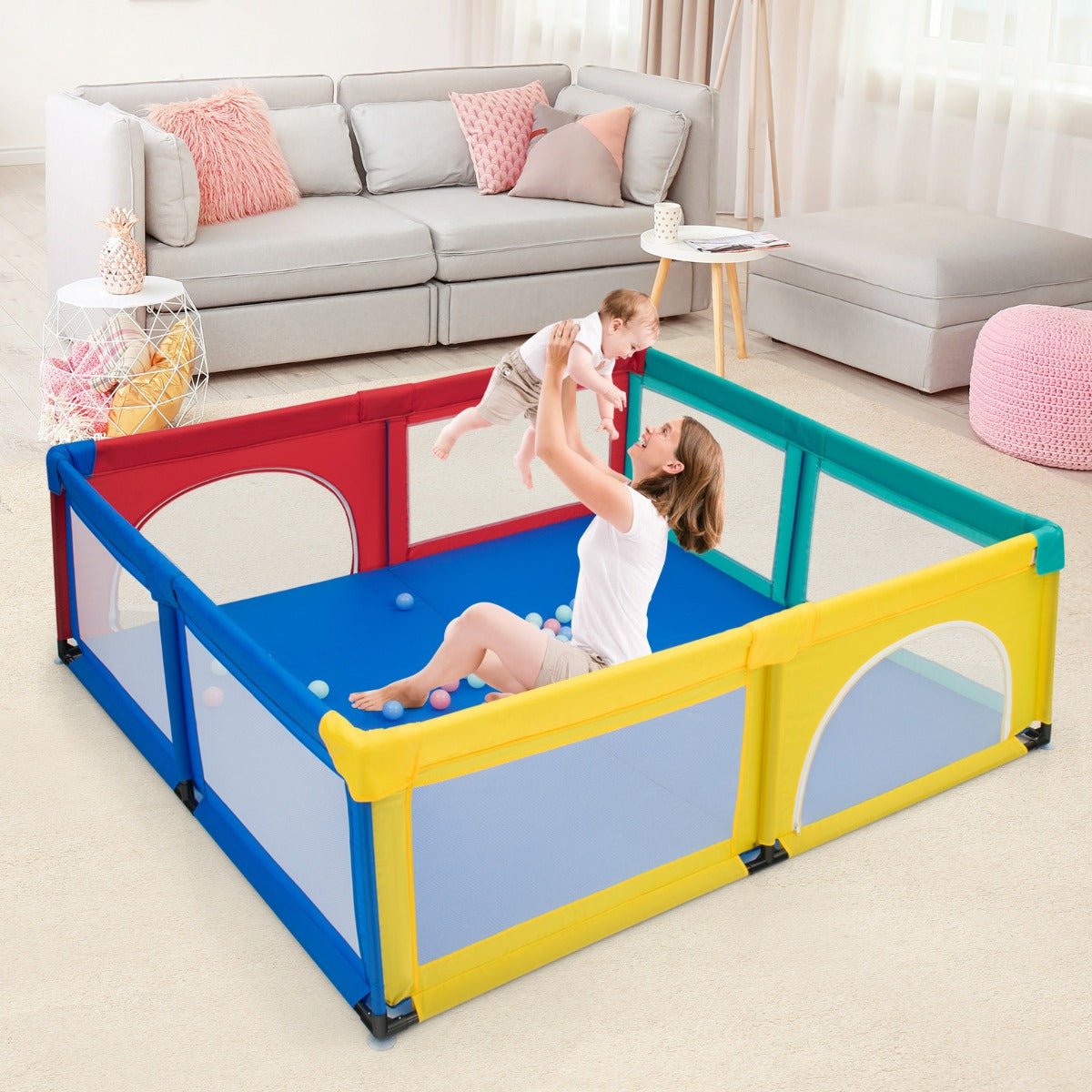 Baby Playpen with Safety Gates & Mesh Walls: Extra Large Design in Multicolour
