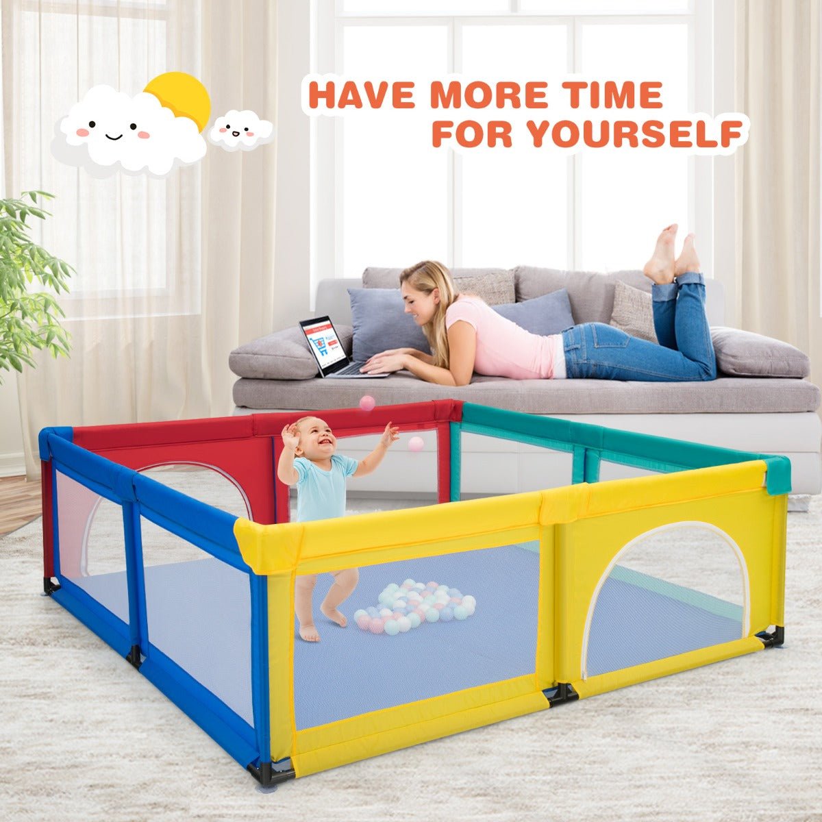 Safety Gates & Mesh Walls Baby Playpen: Extra Large in Multicolour