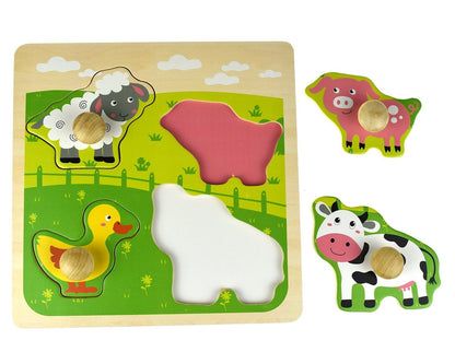 Wooden farm animal peg puzzle, perfect for kids learning and play at home.