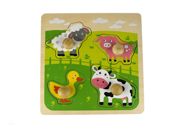 Shop Bright and colorful Farm Animal Large Peg Puzzle from Kaper Kidz, featuring 4 easy to grasp wooden pieces for young hands. Improves problem-solving and coordination.