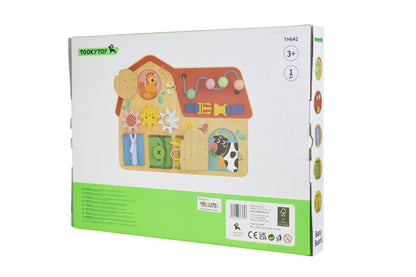 Farm barn busy board toy for toddlers, featuring interactive farm-themed activities for playtime.