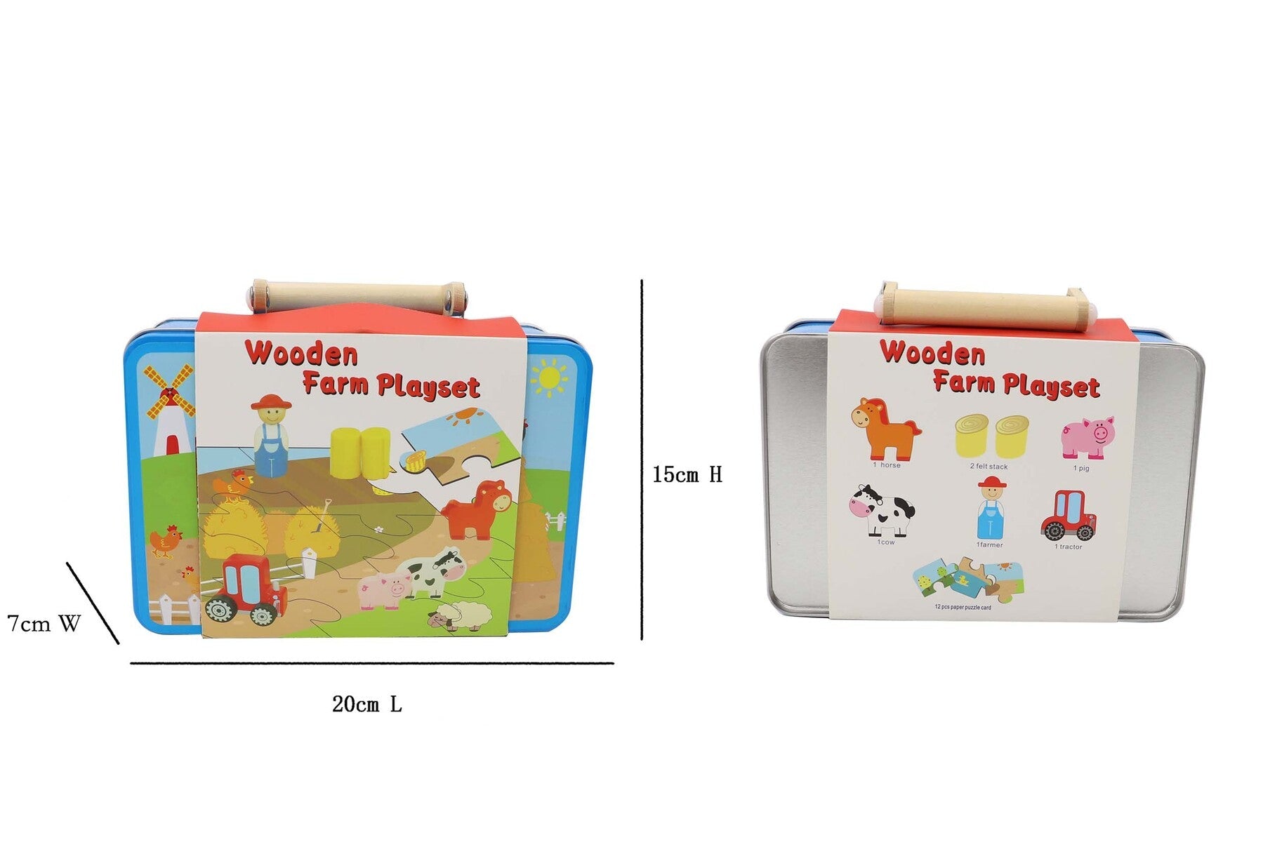 Portable farm playset in tin case for interactive and imaginative play at home.