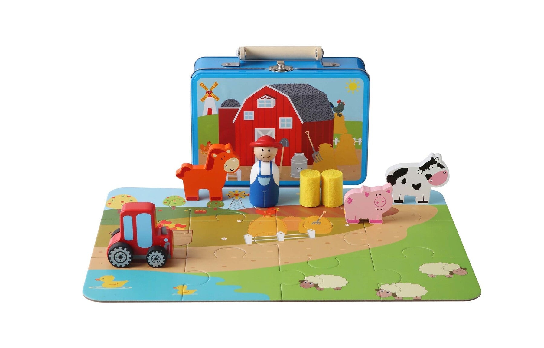 Farm playset in portable tin case, ideal for imaginative play at home.